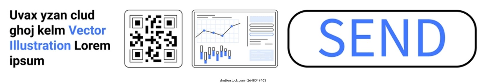 QR code, statistical chart graphics, and a prominent send button in a minimalistic black and blue color scheme. Ideal for business, marketing, data analytics, communications, technology, user
