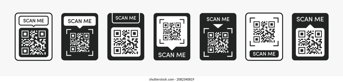 Qr code sticker set black color isolated on background for mobile payment and identity, city transport rental, UI UX design element, web pictogram, mobile app, promo tag. Vector 10 eps