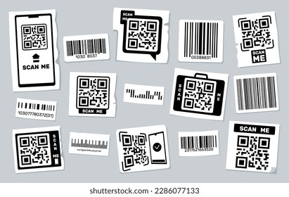 QR code stickers. Barcode labels with product information or link, scanner frame of price tag graphic elements, scanning on phone concept. Vector set of product code illustration