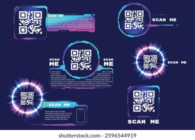 Qr code stickers. Qrcode sticker hud digital cyberpunk design, scan me codes square symbol smartphone id card barcode phone scanning screen frame for pay buy vector illustration original artwork