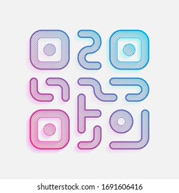 QR code. Technology icon. Simple logo. Colored logo with diagonal lines and blue-red gradient. Neon graphic, light effect
