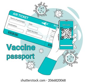 QR code use when traveling by plane.A poster calling for compliance with safety measures during the COVID-19 coronavirus epidemic. Personal hygiene and safety.Flat vector illustration.