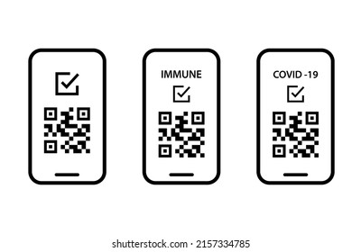 QR code of the vaccination certificate icon. Covid-19 passport. QR code on mobile phone.  Vaccination passport symbol. Isolated. Editable stroke. Vector illustration