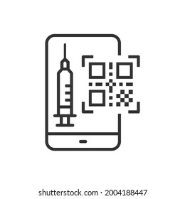 Icono de línea de vacunación de código QR. Ilustración vectorial sobre fondo blanco.
