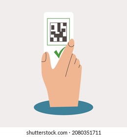QR code vaccine certificate or hand holding smartphone with green certificate vaccination, European sanitary pass Covid result, check mark. Digital health passport and qrcode. Flat vector illustration