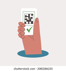 QR code vaccine certificate or hand holding smartphone with green certificate vaccination, European sanitary pass Covid result, check mark. Digital health passport and qrcode. Flat vector illustration