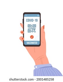 QR code with vaccine passport. Check of safety from covid-19. Female hand holding smartphone with electronic result on digital screen. Vector illustration in flat cartoon style.