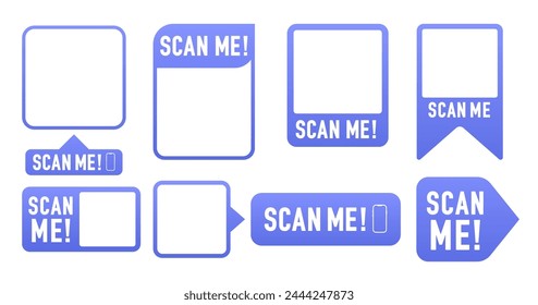 Qr code vector frames set. Scan me your phone tag. QR code mockup, layout. Qr code for payment, e-wallet, web, mobile app. UI UX design element. Barcode scan for smartphone. Vector illustration