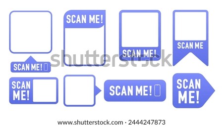 Qr code vector frames set. Scan me your phone tag. QR code mockup, layout. Qr code for payment, e-wallet, web, mobile app. UI UX design element. Barcode scan for smartphone. Vector illustration