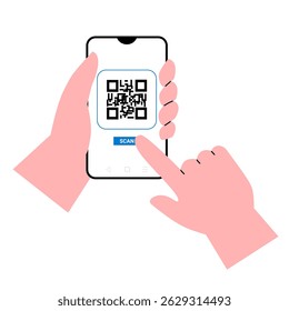 Qr code vector. Hand scanning Qr code with smartphone illustration. Barcodes with text scan me. Marketing and electronic commerce. Poster or banner for website. Flat vector