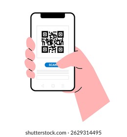 Qr code vector. Hand scanning Qr code with smartphone illustration. Barcodes with text scan me. Marketing and electronic commerce. Poster or banner for website. Flat vector