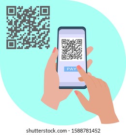 QR code vector illustration. Hand holding smartphone to use application for pay with qr code. Online payment.