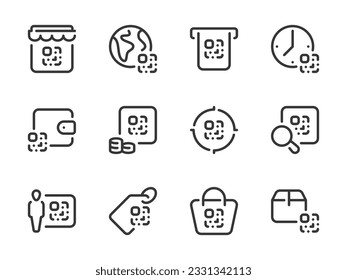 QR code vector line icons. Coded information outline icon set. Digital tag, Code scan, Encrypted data, Link barcode and more.
