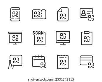 QR code vector line icons. Coded information outline icon set. Digital tag, Code scan, Encrypted data, Link barcode and more.