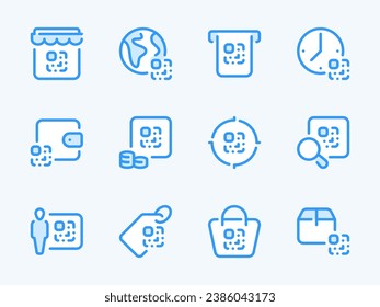 QR code vector line icons. Coded information outline icon set. Wallet, Digital tag, Purchase, Code scan, Encrypted data, Link barcode and more.