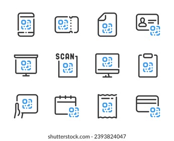 QR code vector line icons. Coded information outline icon set. Digital tag, Code scan, Encrypted data, Link barcode and more.