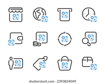 QR code vector line icons. Coded information outline icon set. Digital tag, Code scan, Encrypted data, Link barcode and more.