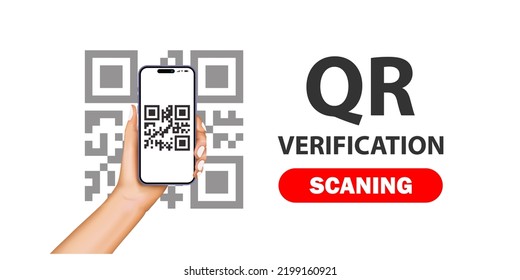 Banner de verificación de código QR. Concepto de verificación para compras en línea, promoción de ofertas especiales de compras y marketing a través de smartphone. 3d mano con el escaneo de smartphone código QR. Diseño de plantillas para webs