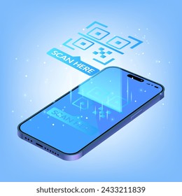 QR code verification banner. Verification concept for online shopping, shopping special offer promotion and marketing via smartphone. 3D Smart Device scanning qr code and barcodes on screen. Template