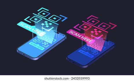 QR code verification banner. Verification concept for online shopping, shopping special offer promotion and marketing via smartphone. 3D Smart Device scanning qr code and barcodes on screen. Template