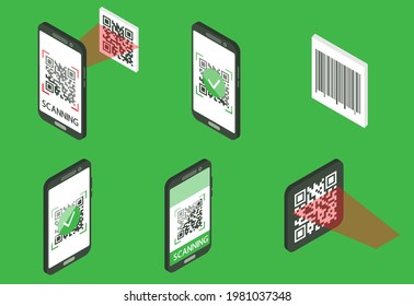 QR code verification concept. Machine-readable barcode on smartphone screen. The process of scanning QR and bar code. Set of isometric objects. Vector illustration isolated on green  background