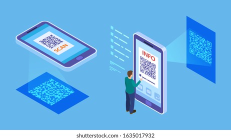 QR Code Verification. Isometric Barcode Mobile Scanning, Customer Makes Paying With Phone Scanner. Info QR Code Vector Illustration