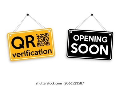 QR code verification and opening soon sign isolated on white background. Vector illustration.	