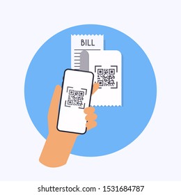 QR code verification. Scan QR code to mobile phone from bill. Electronic, digital technology, barcode. Vector illustration.
