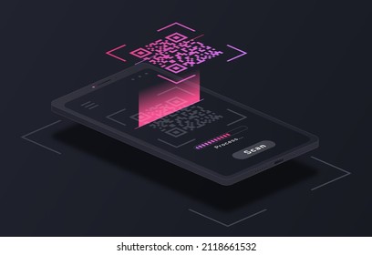 QR code verification service abstract concept. Device or scanner for reading barcodes on smartphone screen. Design element for landing pages and websites. Cartoon isometric vector illustration