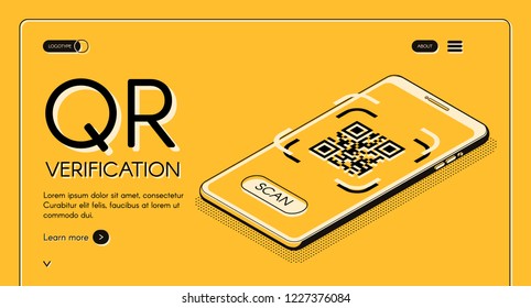 QR code verification service web banner isometric vector design template with machine-readable barcode on smartphone screen line art illustration. Mobile application for internet business landing page