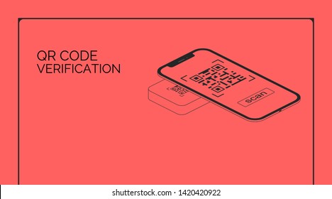 QR code verification. Smartphone screen read and scan bar code. Isometric hi tech vector illustration mobile phone with one solo red color. Template design banner and web site internet landing page.