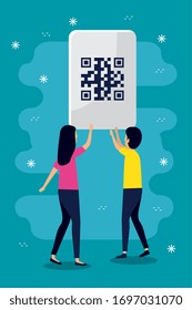 código qr mujer y avatar hombre diseño de tecnología escaneo información precio negocio comunicación código de barras digital y tema de datos Vector ilustración