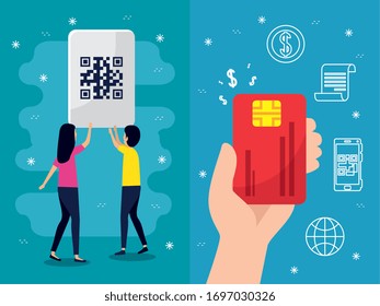 código qr mujer hombre y mano sostener tarjetas de crédito diseño de tecnología escaneo información precio comercial comunicación código de barras digital y tema de datos Vector ilustración