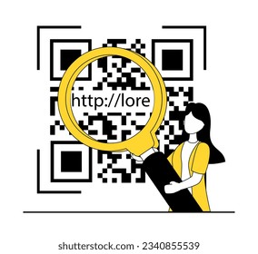 QR code. A woman points a magnifying glass at a qr code and sees a link to a website