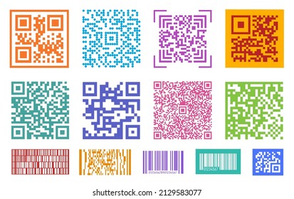 Qr codes. Barcode, coding digital elements for screen. Mobile health id elements. Personal barcodes for scanning in mall, store, city transport, exact vector set