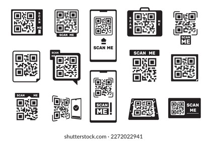 QR codes. Barcode smartphone id frame, scanning binary coding tag for retail or cellphone app, mobile payment and identity concept. Vector set of mobile smartphone, scan information illustration