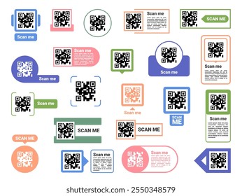 QR codes with copy space. Vector in flat style, isolated set of stickers or labels with generated barcode for business, product advertisement or increasing recognition of brand. Mockup cards