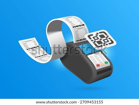 QR codes fly through air on the screen of credit card scanner or payment scanner or POS machine, and receipt paper flows out after payment is completed, vector 3d isolated for payment online concept