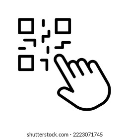 QR codes with index finger line icon. Sticker, product labeling, encrypted information, scanner, scan, barcode, buy, purchase, shopping. Technology concept. Vector black line icon