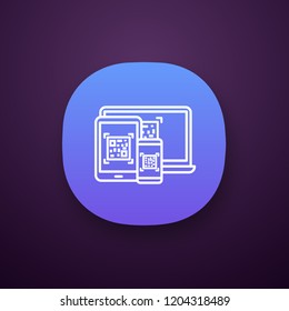 QR codes on different devices app icon. Matrix barcodes generator. 2D codes on laptop, smartphone, tablet pc. Data matrix. Barcode reading, scanning apps. UI/UX interface. Vector isolated illustration