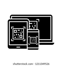 QR codes on different devices glyph icon. Matrix barcodes generator. 2D codes on laptop, smartphone, tablet pc. Barcodes reading, scanning apps. Silhouette symbol. Vector isolated illustration