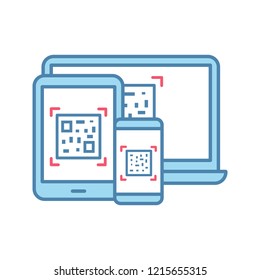 QR codes on different devices color icon. Matrix barcodes generator. 2D codes on laptop, smartphone and tablet pc. Data matrix. Barcodes reading and scanning apps. Isolated vector illustration