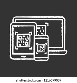 QR codes on different devices chalk icon. Matrix barcodes generator. 2D codes on laptop, smartphone, tablet pc. Data matrix. Barcodes reading and scanning apps. Isolated vector chalkboard illustration