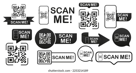 QR codes for smartphone. QR code with inscription scan me with smartphone. Scan me icon. Scan qr code icon for payment. QR code for mobile app, payment and identification. Vector illustration