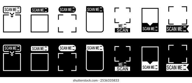 QR codes for smartphone. QR code with inscription scan me. Scan qr code icon for payment, mobile app and identification. Vector illustration isolated on black and white background.