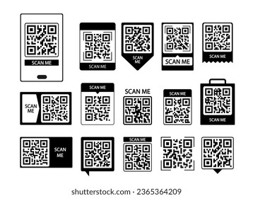 QR-Codes-Vorlagen. Scannen Sie mich Handy-Tags, QR-Codes Smartphone-Scans, kontaktlose Zahlungscodes. Vektor flach minimalistische Vorlagen Set.