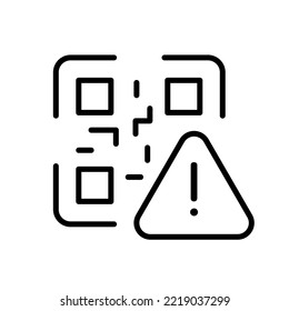 QR codes with warning sign line icon. Sticker, product labeling, encrypted information, tick, scan, magnifier, scan, received, shopping. Technology concept. Vector black line icon