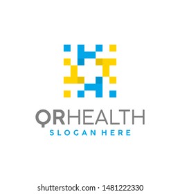 QR HEALTH logo template with QR code and red cross in negative space - creative medical technology design