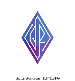 QR Initial letter block chain logo icon vector template. Looping mono line circuit letter on rhombus cube logo