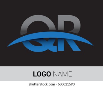 QR initial logo company name colored grey and blue swoosh design.